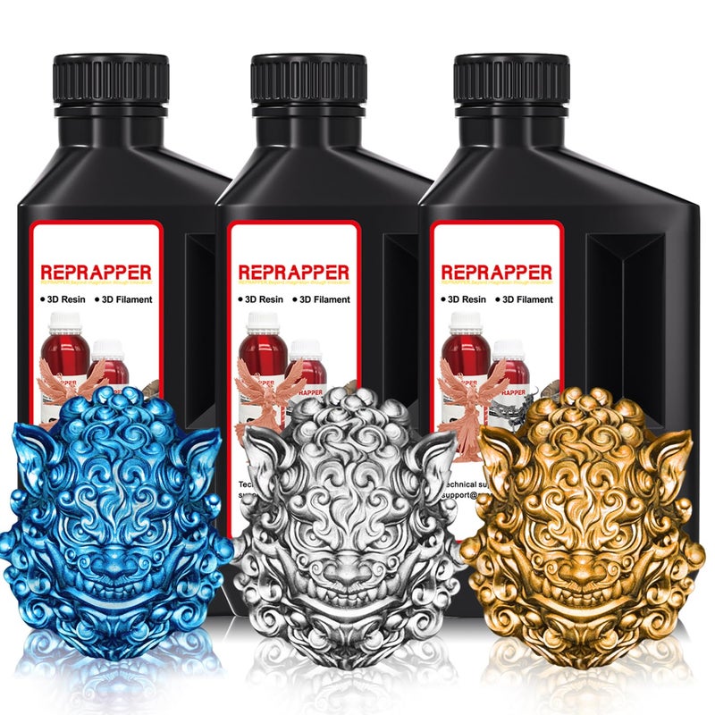 RepRapper Store 3D Printer Resin, 405nm Fast UV-Curing Color Change 1kg Standard Resin Pack, Photopolymer 3D Printing Resin with Metallic Shine for LCD Printer, Blue/Brass/Silver 3 * 1000g - Image 1